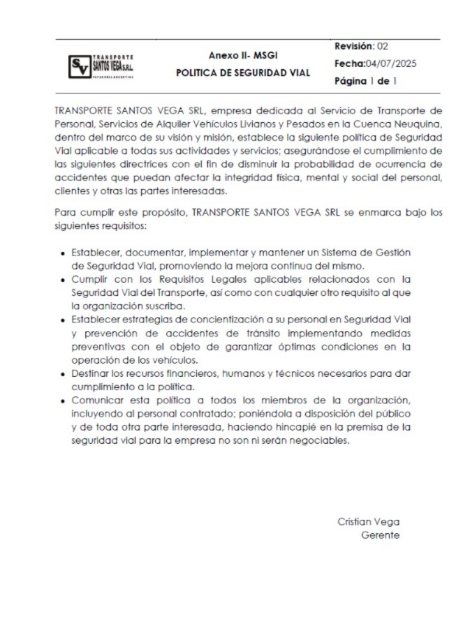 Política de la empresa Santos Vega SRL